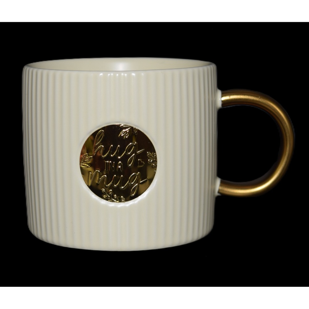 Hug in a Mug Coffee Cup Cream Gold Handle Ribbed Ceramic Excellent Condition